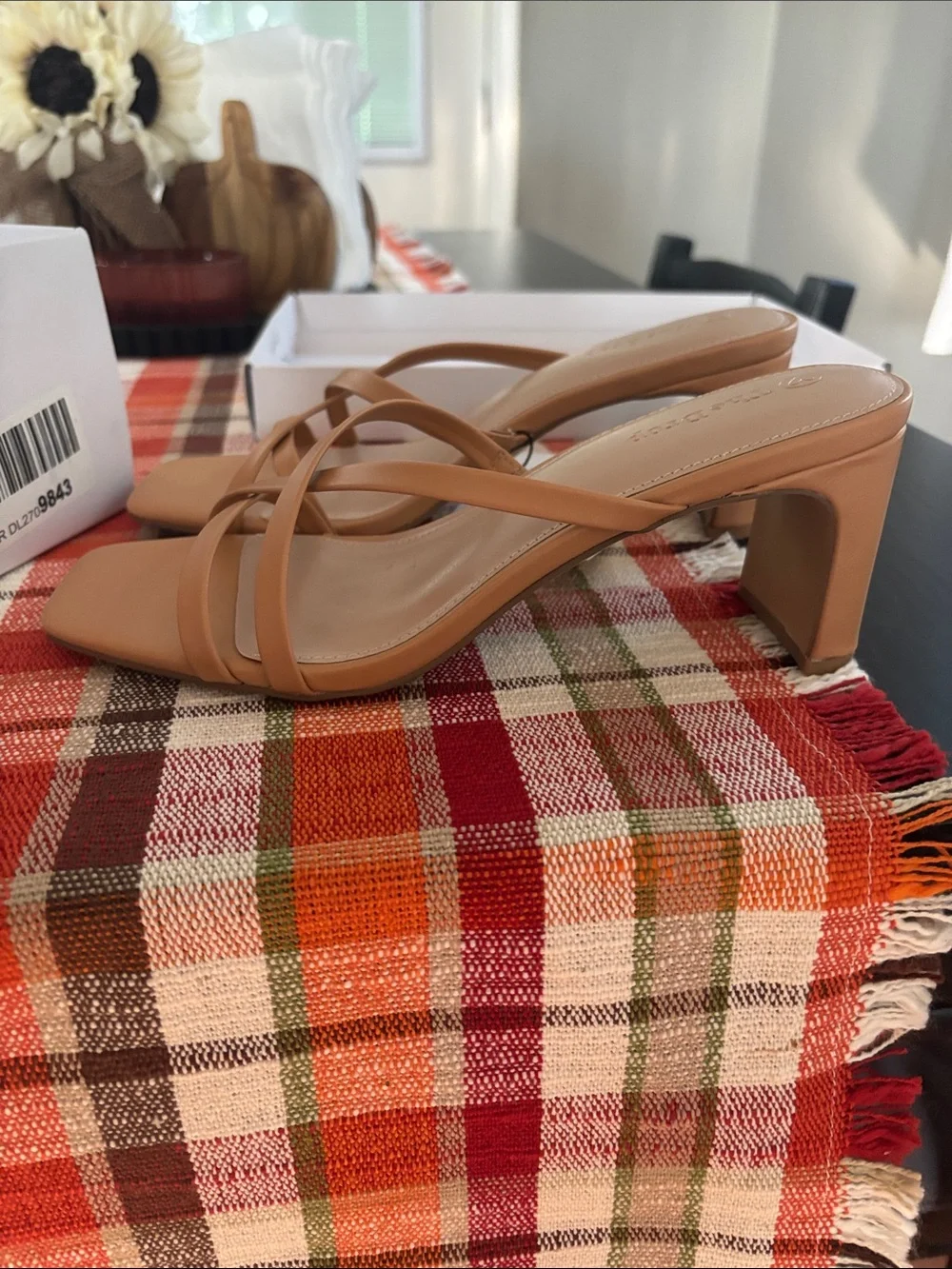 The Drop Women's Tan Strappy Square-Toe Heeled Sandals